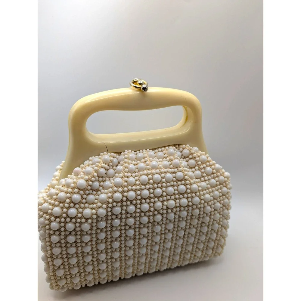 Vintage Handmade Beaded Handbag White Pearl Lucite Handle Kiss Lock Hong Kong